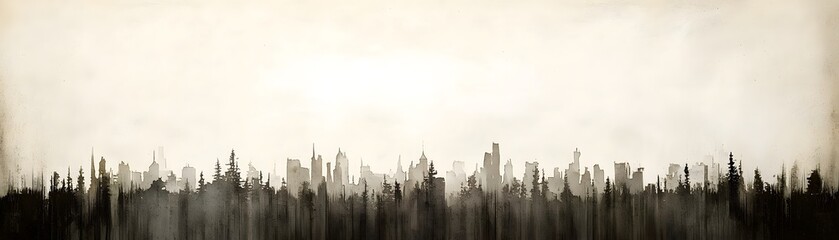 Naklejka premium Urban Skyline Silhouette Against Soft Fog with Forest Trees in the Foreground at Dawn