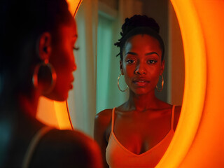 Young Black Woman Intimately Reflected in Backlit Mirror