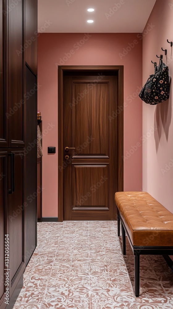 Poster this stylish entryway showcases dark brown cabinetry and a cozy bench, complemented by a soft pink w