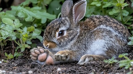 Fototapeta premium Small rabbit grooming itself in soil
