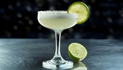 A daiquiri in a coupe glass, with a frothy top layer and lime wedge garnish