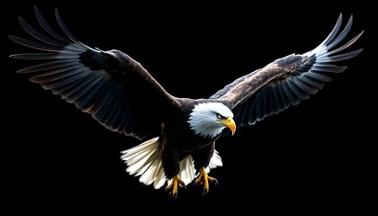 Obraz premium Bald Eagle Flying with Wings Spread Against Dark Background