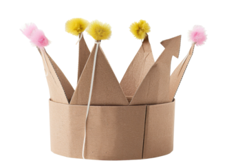Creative cardboard crown with colorful pom poms for kids' birthday party decoration ideas