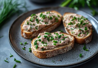 Deliciously Crafted Open-Faced Sandwiches with Creamy Tuna Spread and Fresh Chives on Rustic Bread for a Healthy Snack or Meal