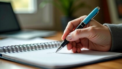 Person Writing in Spiral Notebook with Blue Pen