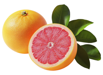 Freshly cut grapefruit showcasing vibrant pink flesh and green leaves in a bright kitchen setting during daylight hours