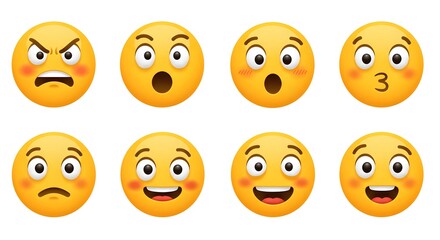 Fototapeta premium Emoticon face vector set with yellow emojis, featuring angry red, surprise, cute, crazy, and funny facial expressions, isolated on white background.