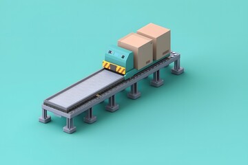 Automated Package Sorting System Conveyor Belt with Cardboard Boxes on Teal Background