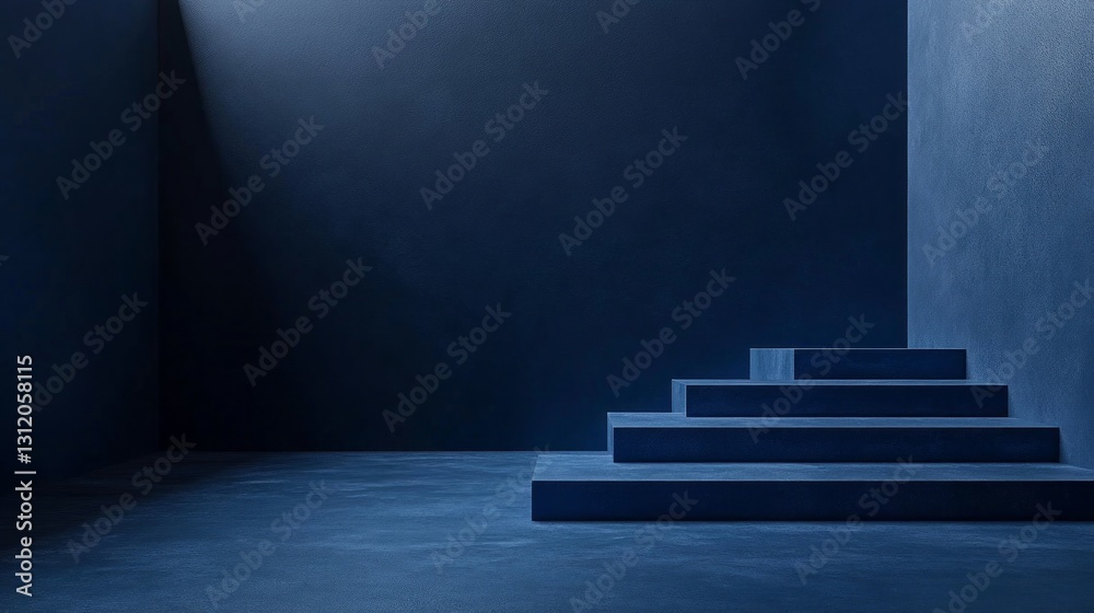 Poster a serene environment unfolds with deep navy blue tones and soft light illuminating stair-like struct