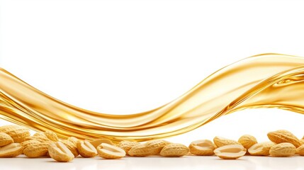Peanut Butter roasted smooth. A flowing golden liquid beside scattered light-colored seeds on a white background, creating a clean and elegant visual.