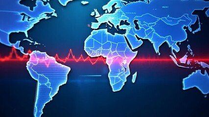 Digital world map with red and blue finance symbols overlaying continents - Powered by Adobe