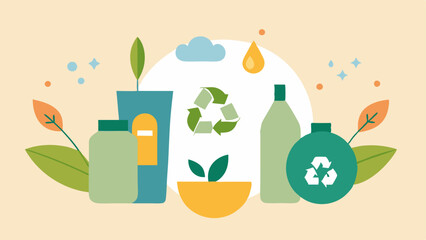 Sustainability An ecofriendly scene with exosome products and natural elements like recycling symbols and plant motifs emphasizing sustainable practices within the skincare