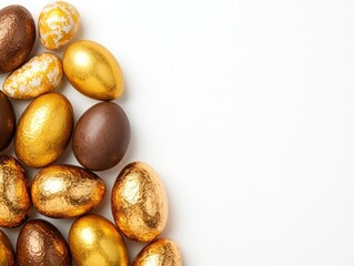 Obraz premium Overhead arrangement of various golden and chocolate easter eggs on white background