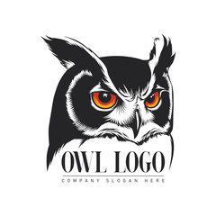 Owl logo design featuring a stylized owl head, gradient-colored eyes against a white background
