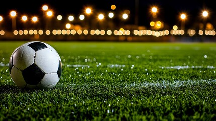 Fototapeta premium A Lone Soccer Ball Rests On The Dewy Grass Of An Empty Stadium At Night, Under The Glow Of Distant Stadium Lights, A Silent Promise Of The Thrill Of The Upcoming Game