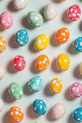 Colorful polka-dot easter eggs arranged in artistic pattern on light background