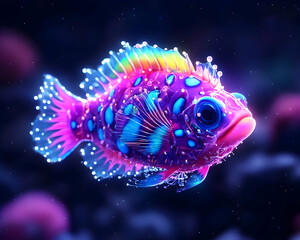 A colorful, iridescent fish with glowing scales swims through a dark, underwater world
