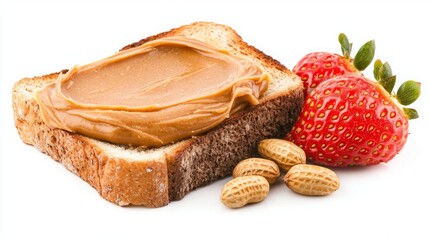 Peanut Butter roasted smooth. A slice of toasted bread topped with creamy peanut butter, accompanied by fresh strawberries and peanuts.