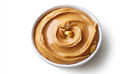 Peanut Butter roasted smooth. Creamy peanut butter swirled in a white bowl, showcasing a smooth texture and rich, golden-brown color.