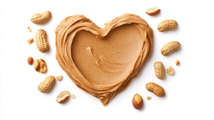 Peanut Butter roasted smooth. A heart-shaped spread of peanut butter surrounded by whole peanuts, symbolizing love for this creamy, nutty treat.