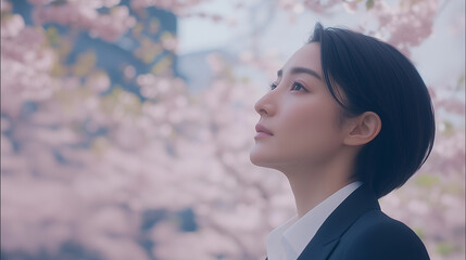 40歳前後の日本人女性がスーツを着て、桜を背景に顔は見上げた状態で物思いに耽っている表情のイメージ