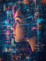 Woman's profile superimposed on a futuristic cityscape.
