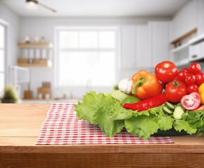Fresh ripe Vegetables and fruit  in clean kitchen