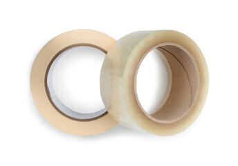 Rolls of adhesive and masking tapes isolated on white, top view