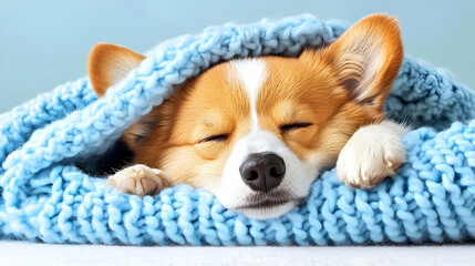 A dog is sleeping peacefully under a blue knitted blanket
