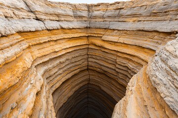 A close-up view of a deep geological formation showcasing layered rock formations with distinct colors and textures.
