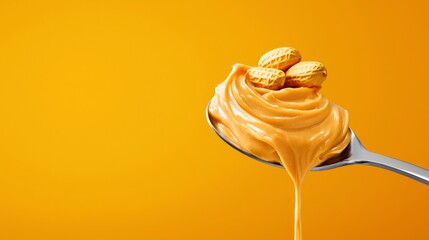 Peanut Butter roasted smooth. A spoonful of creamy peanut butter topped with crunchy peanuts against a vibrant orange backdrop.