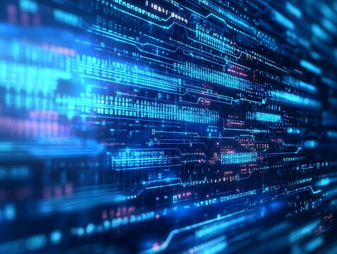 Abstract digital technology background with blue glowing lines and binary code - Powered by Adobe