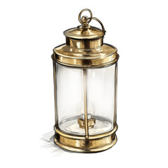 A detailed artistic sketch of a classic hurricane lantern, polished brass body, refined glass enclosure, transparent background, PNG