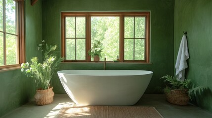 Soft natural light pours through large windows, illuminating a stylish bathroom adorned with refreshing dill green walls, lush greenery, and an elegant freestanding tub
