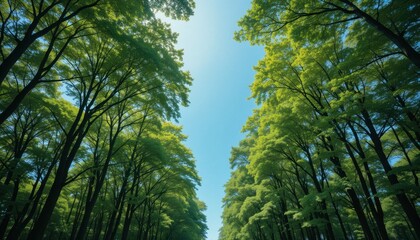 Fototapeta premium Sunlit canopy walk forest nature photography greenery upward view serenity