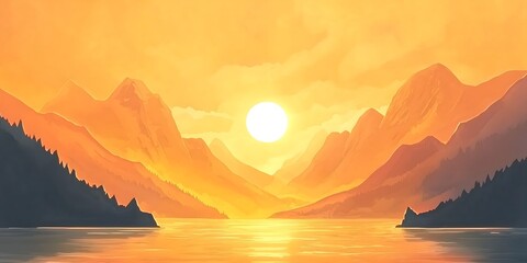Golden sunset over mountains and lake