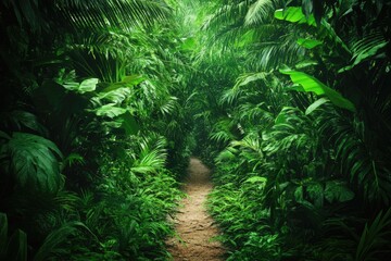 A dense tropical rainforest with a narrow dirt path disappearing into a tunnel of greenery, while exotic birds call from the canopy above