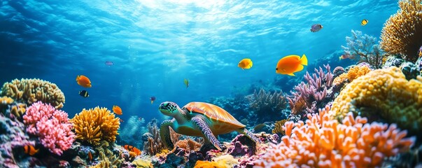 Naklejka premium A peaceful coral reef scene with brightly colored corals, sea turtles, and tropical fish, capturing the mesmerizing beauty and harmony of underwater life