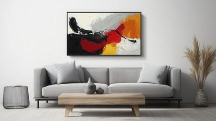 a minimalist living room with a single grey sofa, a wooden coffee table, and a large abstract painting on a plain white wall. 