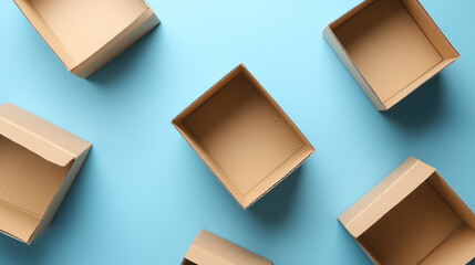 Obraz premium Open empty cardboard boxes are displayed on a blue background, ready for use. 