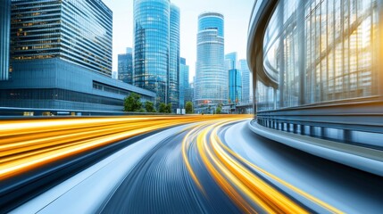 Fototapeta premium Dynamic city street scene with blurred light trails and modern skyscrapers. Bright yellow streaks contrast against cool toned buildings.