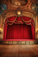 Luxurious vintage theater stage with opulent red curtains and wooden floor