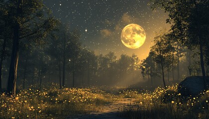 A quiet forest clearing illuminated by the soft glow of a full moon, with stars twinkling above, symbolizing the vastness of the universe and deep peace