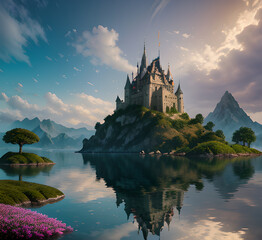 Fototapeta premium A medieval-style castle surrounded by trees and foliage in a dense forest,situated beside a serene lake or river,generative ai