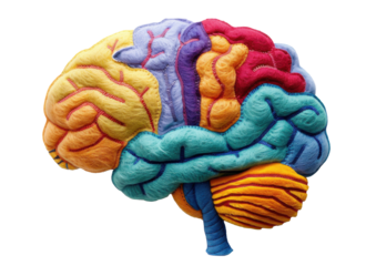 Colorful felt representation of a human brain showcasing different regions and neural pathways in a unique artistic design