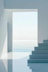 Obraz premium Minimalist interior with open doorway overlooking calm seascape at sunrise