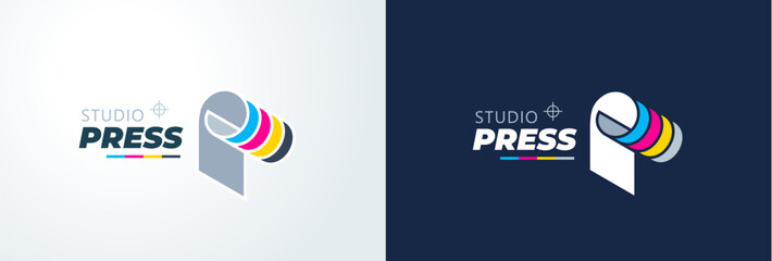 Logo Studio Press. The letter P in the form of a twisted paper. Printing CMYK theme. Template design vector.