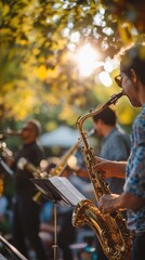 Outdoor jazz resonates as talented musicians energize a lively June festival. Vertical.