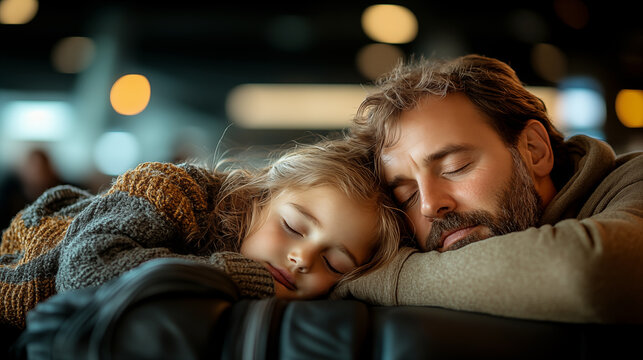Father and daughter sleeping at airport. Family travel.