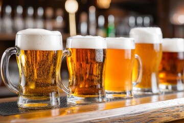 A row of five different beers in clear mugs on a wooden bar
